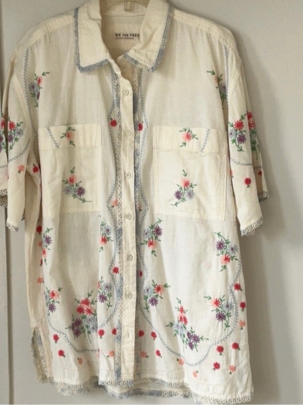 We The Free Cream Embroidered Button-Up Shirt